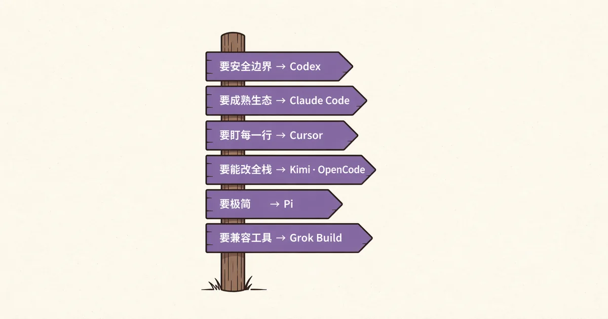 选型路牌图:六块路牌分别写着——要安全边界选 Codex、要成熟生态选 Claude Code、要盯每一行选 Cursor、要能改全栈选 Kimi 或 OpenCode、要极简选 Pi、要兼容工具选 Grok Build