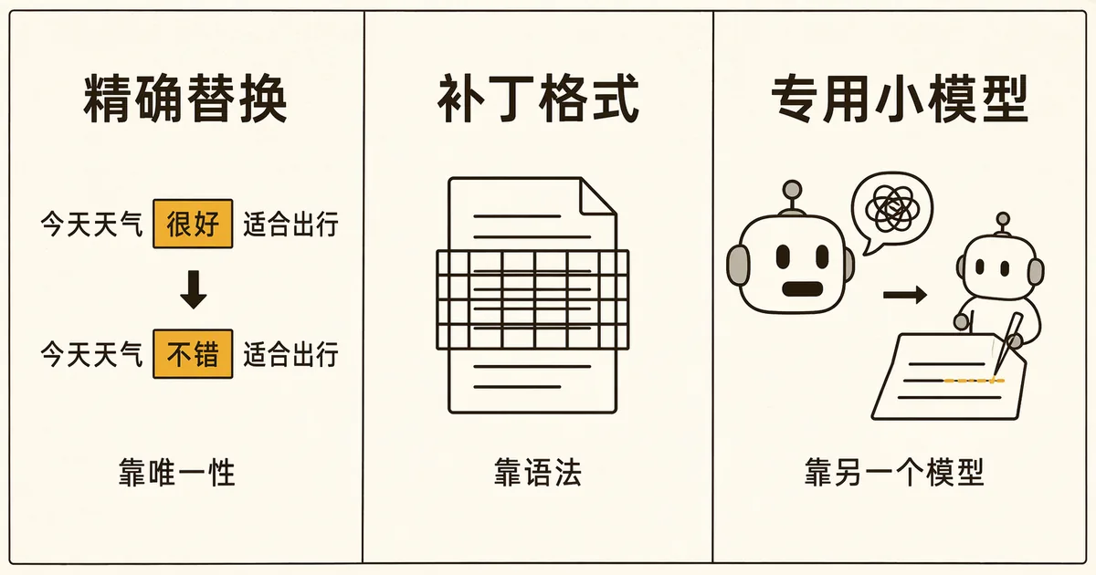 三种让 AI 精确改文件的路线对比图:精确替换靠唯一性(把句中高亮的词换掉)、补丁格式靠语法(文档上罩一层严格的格线)、专用小模型靠另一个模型(大机器人说个大概,小机器人精确缝进文件)