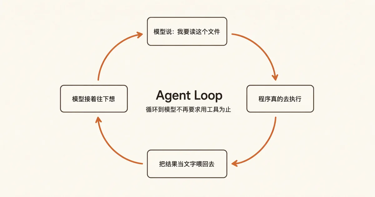Agent Loop 四步循环示意图:模型说要读文件 → 程序真的去执行 → 把结果当文字喂回去 → 模型接着往下想,顺时针循环