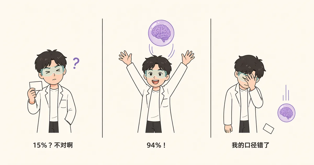 三格漫画:戴 AR 眼镜、穿白大褂的角色先困惑地看着一张卡片,接着张开双臂欢呼,最后捂脸,卡片掉在脚边