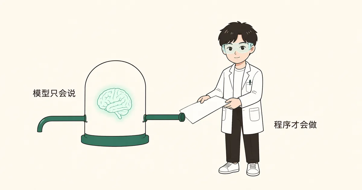 戴 AR 眼镜、穿白大褂的角色把一张纸送进玻璃罩上的管道,罩子里封着发光的脑球,另一根管道把结果送出来,左边够不到的文件夹用虚线相连