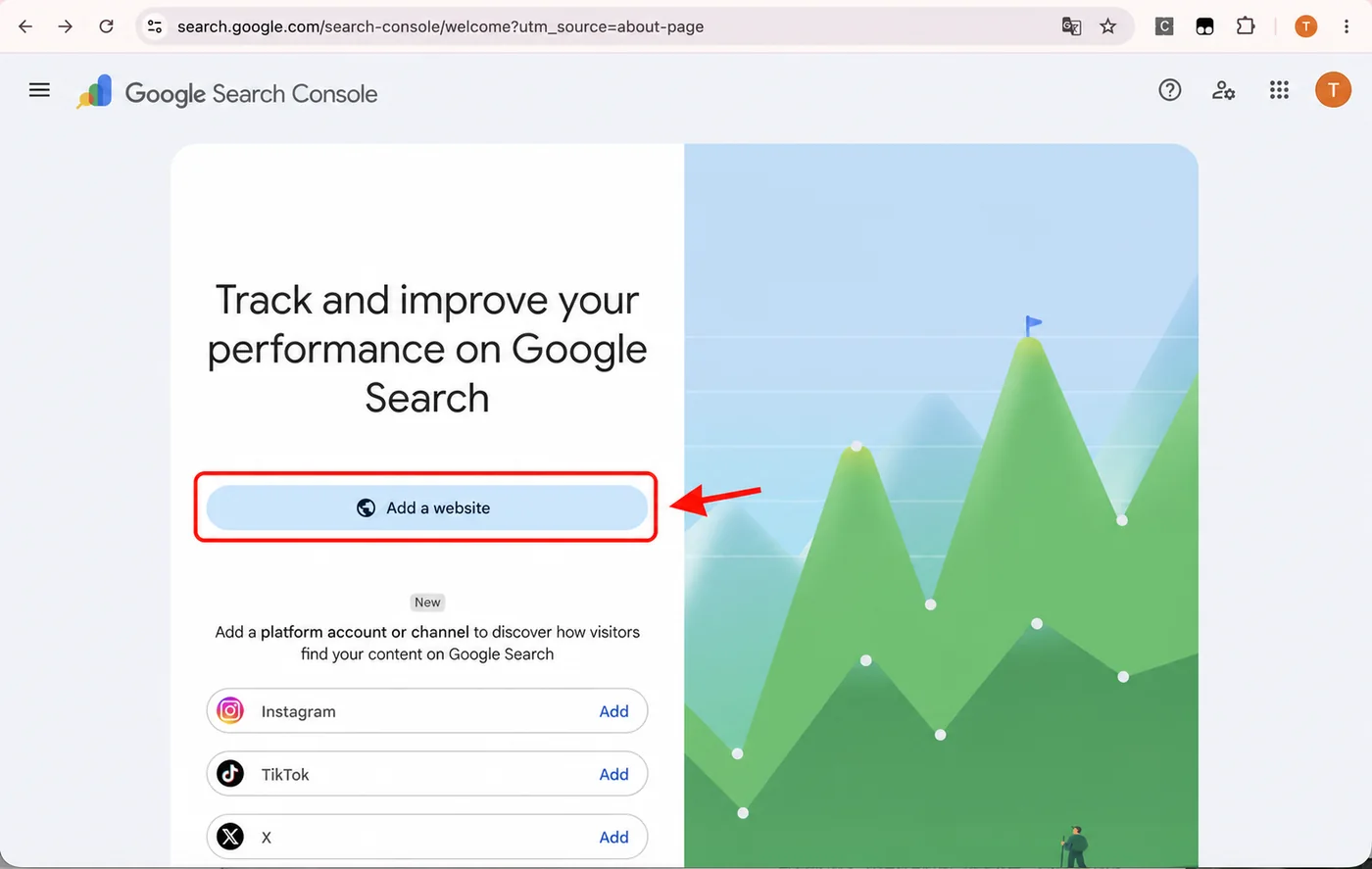 Google Search Console 首页,点击 Add a website