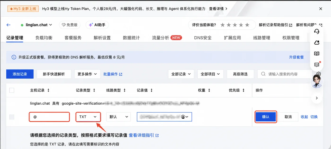 DNSPod 正确选择 TXT 记录