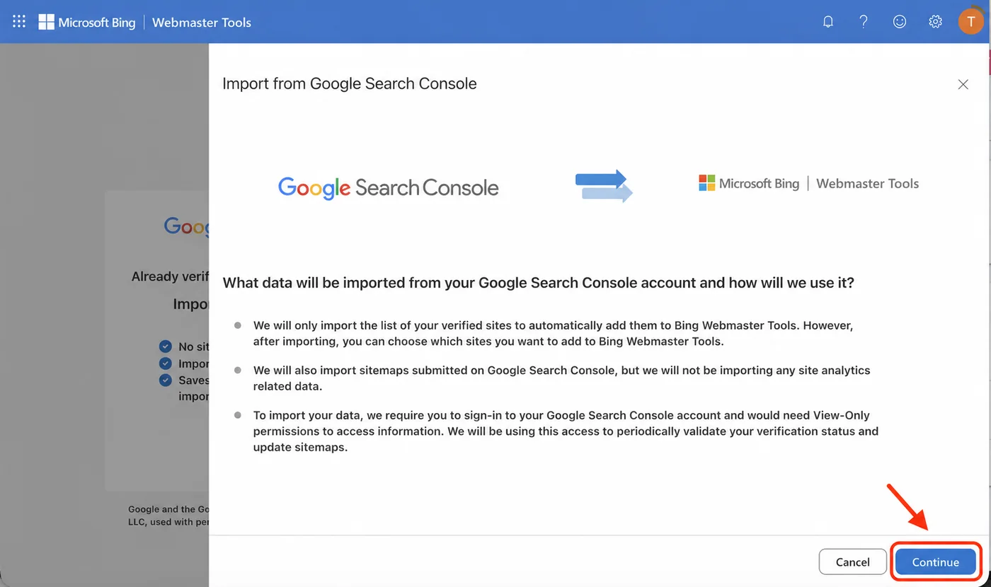 确认 Bing 从 Google Search Console 读取的数据