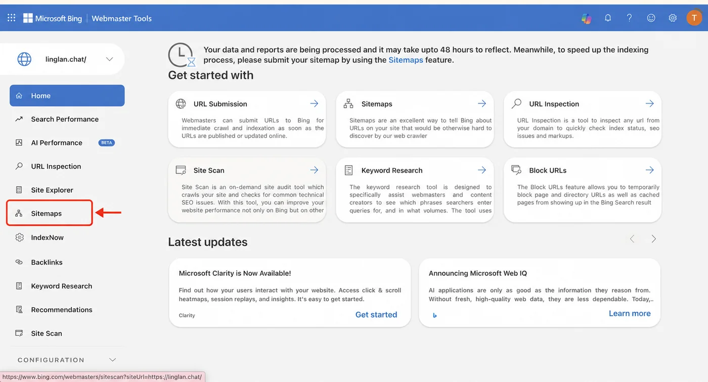 在 Bing Webmaster Tools 中打开 Sitemaps