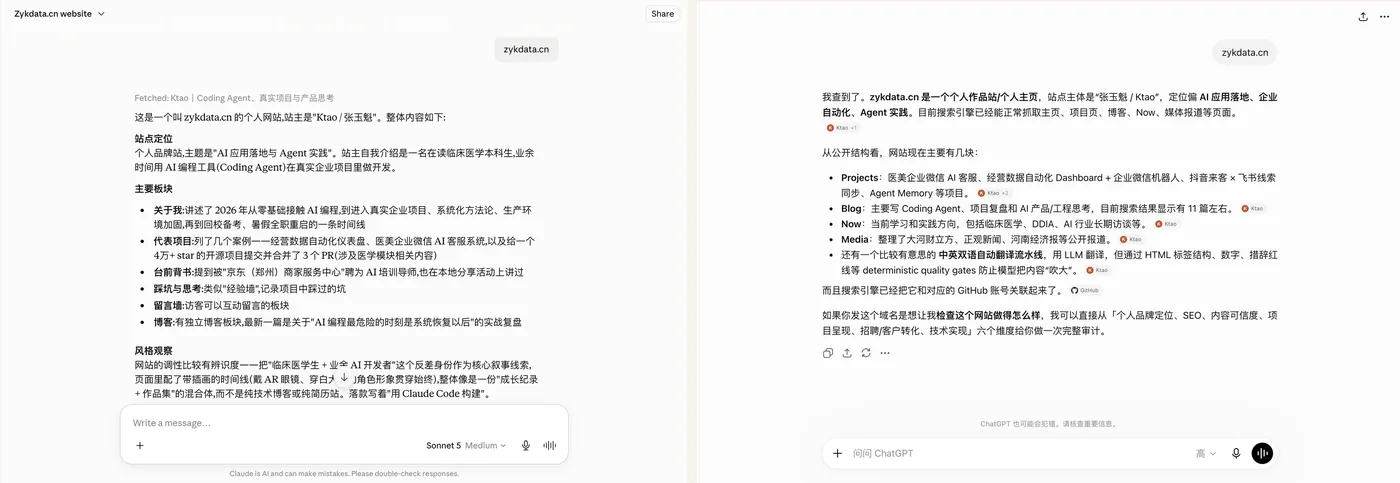 Claude 与 ChatGPT 均能找到并总结本站公开内容