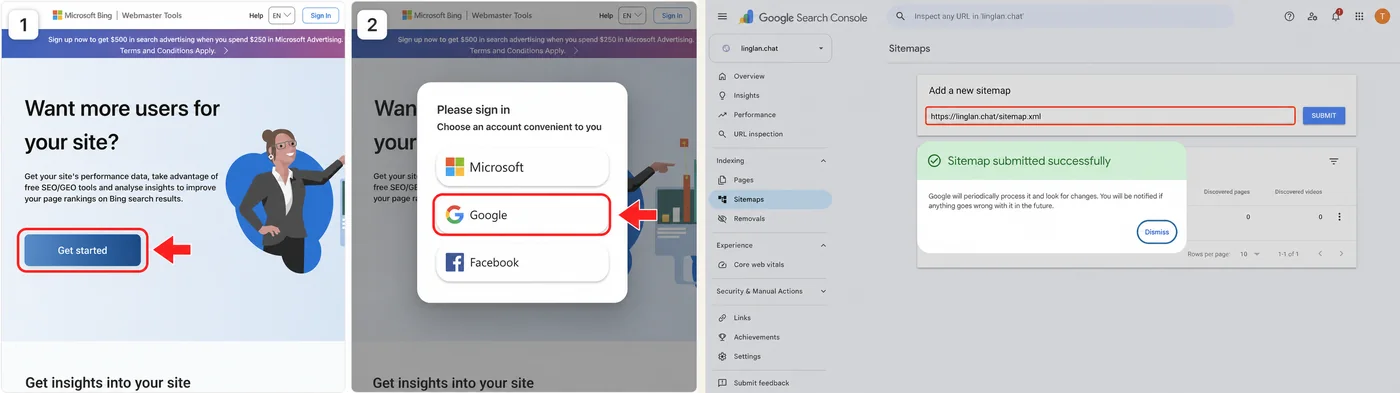 左侧进入 Bing 并选择 Google 登录,右侧为 Google sitemap 提交成功