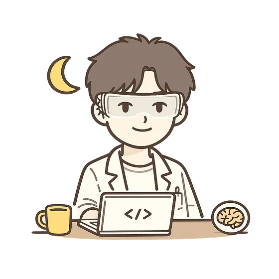 插画：戴 AR 眼镜、穿白大褂的角色深夜坐在桌前，笔记本屏幕上亮着一个代码尖括号，旁边一杯咖啡