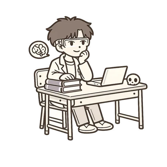 插画：戴 AR 眼镜、穿白大褂的角色坐在教室课桌前，桌上堆着医学书和一个头骨模型